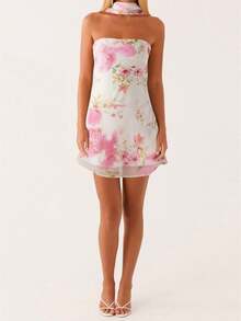 Women Mini Dress, Strapless Backless Flower/Solid Slim Fit Summer Tube Dress Clubwear With Scarf - 白色 - 查看 1