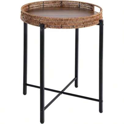 Woven Round End Table Round Rattan Side Table Wicker Patio Side Table Portable Foldable Rattan Table Accent Table For Sofa Living Room Bedroom Office Balcony