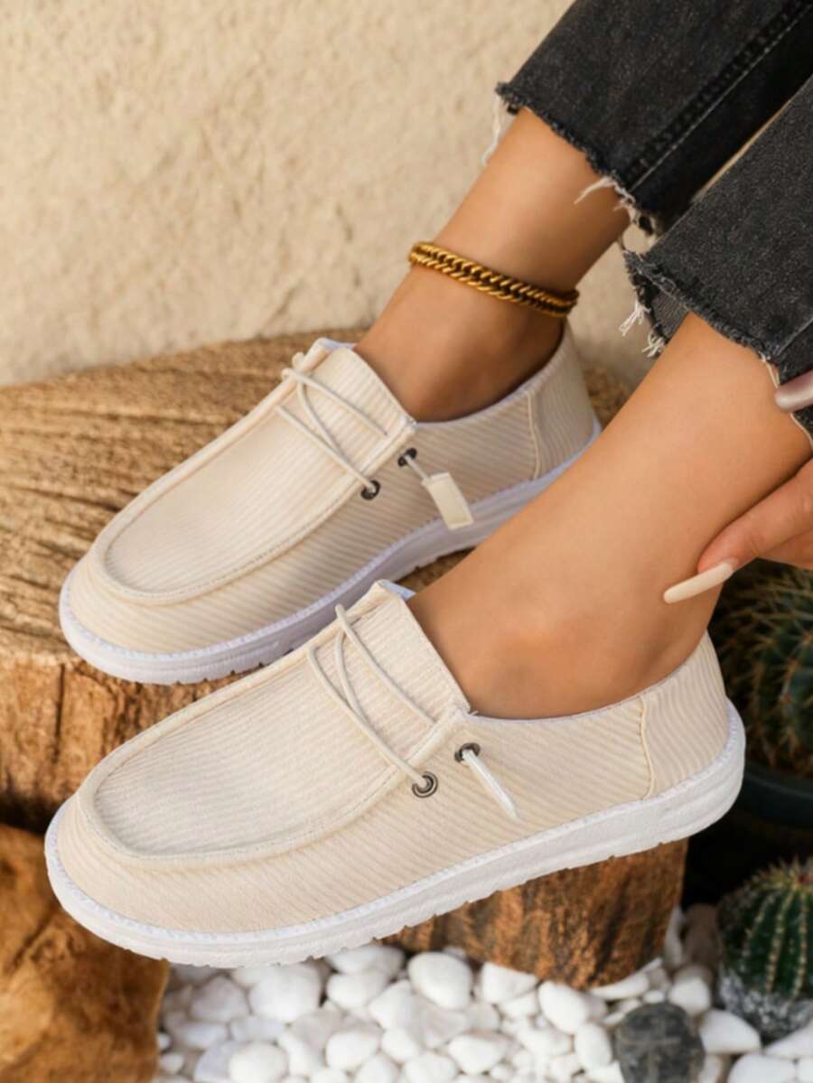 Women's Casual Corduroy Loafers - Slip-On Comfort Shoes With Elastic Laces, Lightweight Walking Sneakers For Daily Wear - Màu be - Xem 1