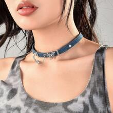 Butterfly Tassel Denim Series High-End Heart Choker Necklace Retro Blue Collar Chain - Denim Picture Color - View 2
