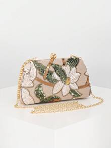 Elegant Shiny Multi-Color Leaf & Floral Patchwork Crossbody Clutch Bag,  Wedding, Randomly Patterned,Bride - Gold - View 2