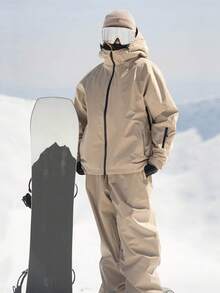 一件男女通用滑雪服/外套，女士冬季连帽登山服，带透气腋下拉链和防丢拉链口袋，男士单板滑雪户外外套，适合户外活动和冬季滑雪，结构加固，功能性滑雪装备，耐用雪地装备，女士滑雪服 - 卡其色 - 查看 2