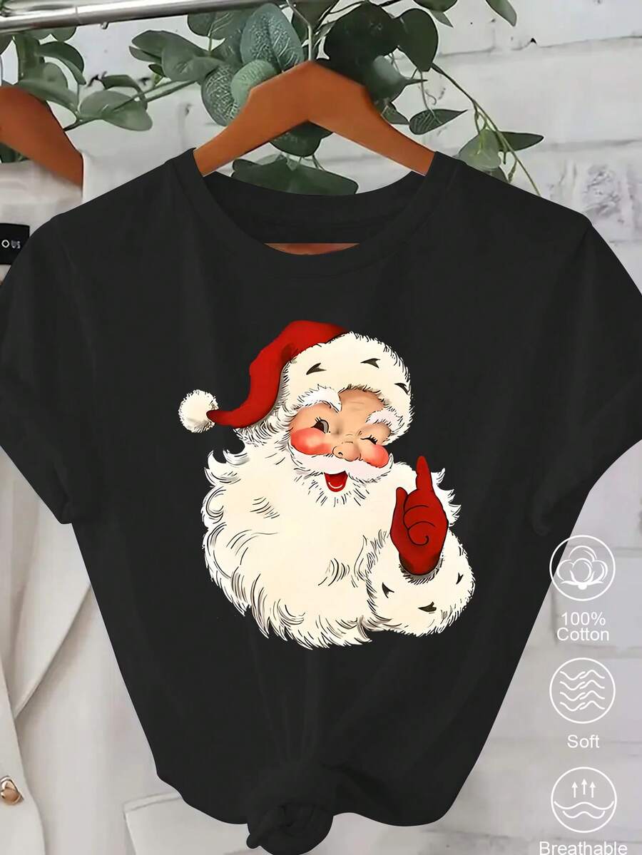 Santa Claus shirts, Christmas T-shirts, women's fashionable holiday shirts, Christmas-patterned T-shirts, retro Santa Claus shirts, retro round-neck T-shirts - Negro - Ver 1