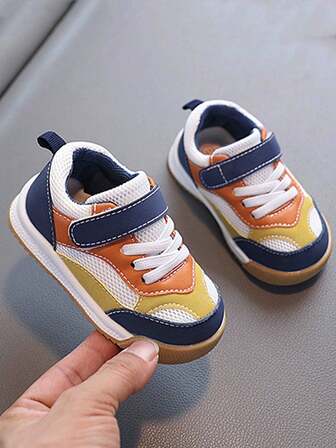 1 Pair Spring/Autumn Toddler Boys' 0-4 Years Old Indoor/Outdoor Cute Anti-Slip Soft Bottom Lightweight Comfortable Thick Sole Breathable Mesh & Microfiber Patchwork Prewalker Shoes With Hook And Loop Closure