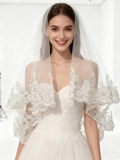 Luxury Lace-Edged Bridal Veil, Double-Layer Tulle With Exquisite Embroidery, Perfect For Wedding Brides – Romantic & Elegant Headpiece For Bridal Look