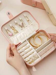 1 pieza Caja de almacenamiento de joyas de doble capa de cuero PU de gran capacidad, caja organizadora de joyas con cierre a presión, caja de joyas minimalista para el hogar, caja de exhibición de joyas portátil, estuche de almacenamiento de joyas de varios compartimentos - Multicolor - Ver 5