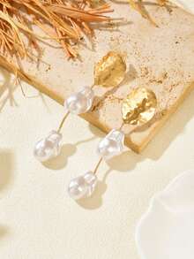 1 Pair Fashionable Elegant Gold Hammered Disc & Faux Pearl Dangle Earrings For Women, Suitable For Daily Wear, Dates, Parties And Gatherings, New Jewelry Accessory - Multicolor - View 4