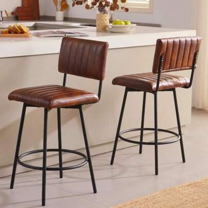 Swivel Counter Height Barstool With Back Upholstered 26'' Counter Stool With Metal Frame Channel Seat Back Faux Leather Dark Brown