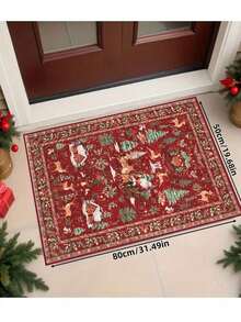 1 Pc Christmas Tree And Santa & Reindeer Beige Carpet, Non-Skid And Washable, Very Suitable For Living Room, Bedroom, Hallway, Indoor And Outdoor Use, Easy Home Christmas Decoration And Room Decoration