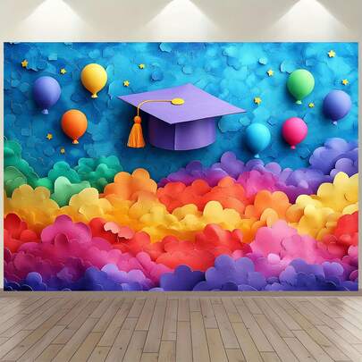 1 PIEZA Fondo de pantalla con gorro de graduación y globos coloridos, perfecto para fiestas de graduación, celebraciones y sesiones de fotos, decoraciones para fiestas de graduación, fondos de celebración, diseño alegre, múltiples tamaños, fondo de fiesta multifuncional, adecuado para decoraciones unisex, decoraciones interiores y exteriores, estudios de fotografía, decoraciones de jardín, decoraciones de fiestas y cabinas telefónicas.