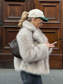 HH 女式冬季优雅纯色仿皮草效果长袖开衫外套女式休闲高街口袋外套