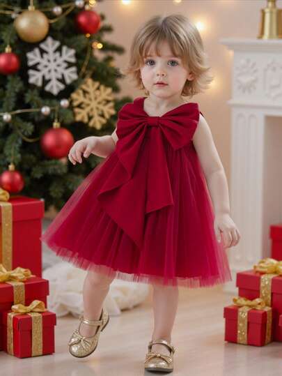 Baby Girls' Burgundy Bow Christmas Party Dress, Elegant Princess Tulle Gown, Suitable For 1st Birthday, Wedding, Banquet, Holiday Celebration