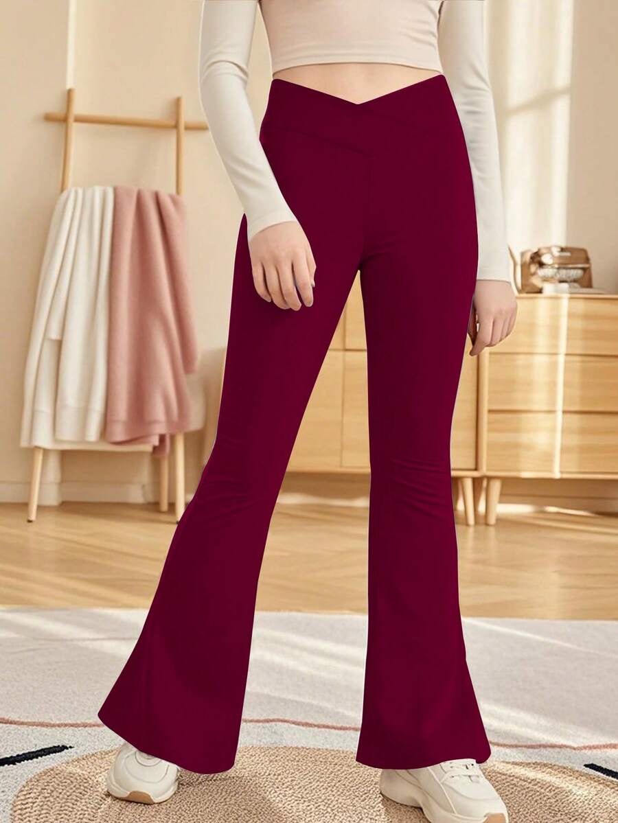 女童高腰交叉针织喇叭裤,儿童新款秋季瑜伽紧身裤,喇叭裤,户外运动裤 - 酒紅色 - 查看 1