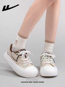 1 Pair WARRIOR Women's Thick Sole Lace-Up Soft Bottom Casual Shoes, Low-Top Outdoor Flat Shoes, Round Toe Low Heel Non-Slip Solid Color Elegant Soft Bottom Hiking Shoes, Suitable For Students, Graduation Photos, Flat Shoes, Low-Top Leather Face Sports Skateboard Shoes