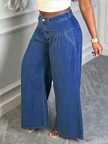 Women's Mid-Rise Solid Light Blue Non-Stretch Wide Leg Jeans - Elegant & Casual For Home Leisure - Dark Wash - View 4