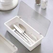 TFKI White Flatware Tray Kitchen Drawer Organizer With Lid And Drainer - Plastic Kitchen Cutlery Tray And Utensil Storage Container With Cover - 11.0 Inch Silverware Holder Drawer Organizer - 白色 - 查看 3