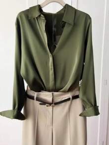 Camisa de manga larga con botones y cuello elegante y retro, deunicoloro, para uso casual u oficina, primavera/otoño