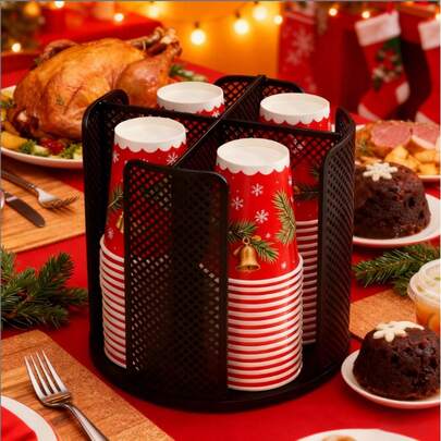 Christmas Season Cup And Lid Organizer Cup Dispenser Coffee Cup Organizer Paper Cup Holder Rotating For Bathroom, Restaurant, Break Room, Coffee Station, Bar, Buffet, Kitchen Cabinet, Countertop,4 Compartment