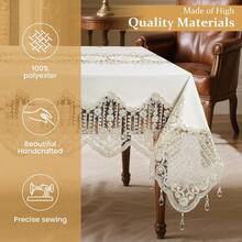 Premium Embroidery Tablecloth In White Lace And Satin Blend With Floral Boho Design Vintage Italian Style Featuring Sunflower And Butterfly Patterns Ideal For Farmhouse Spring Decor Perfect For Dining Tables Living Rooms And Special Occasions Beige FC118 72in X 144in - Beigefc118 - 查看 3