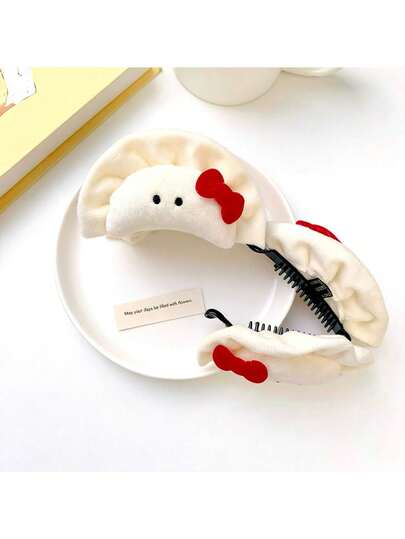 1pc Polyester Cute Bow Blush Plush Big Dumpling Hair Clip, Personalized Funny Hair Claw, Banana Clip Hair Accessory For Women, Autumn/Winter