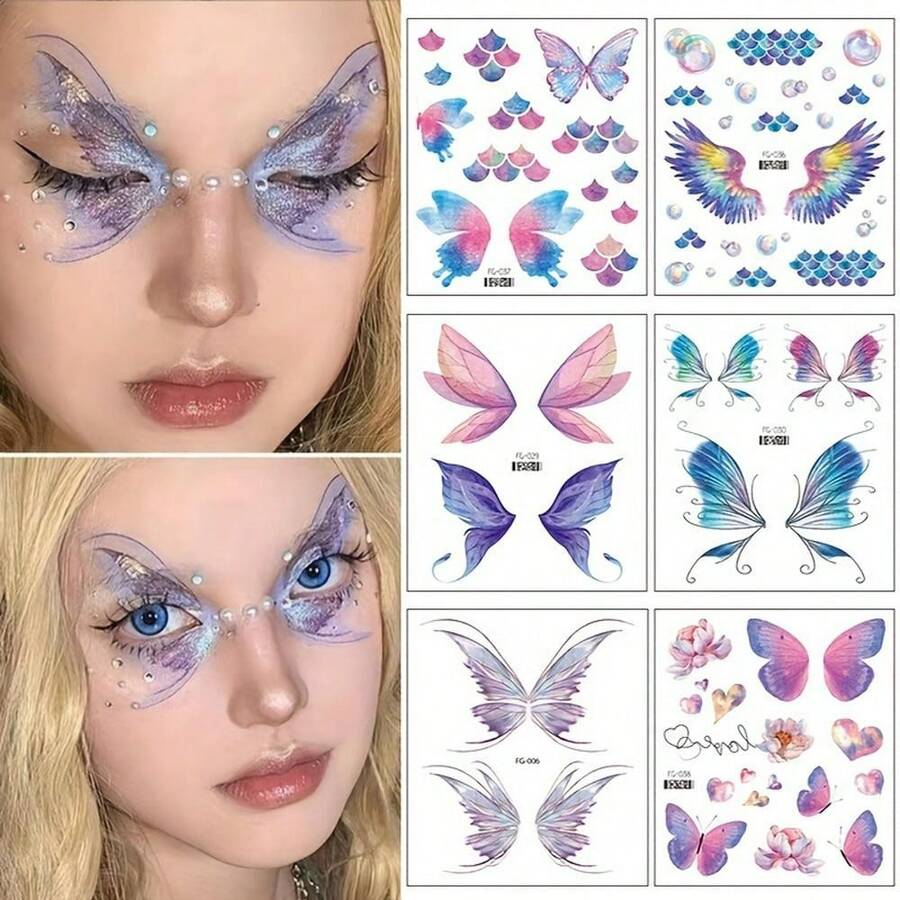 Glitter Eye Dream Butterfly Tattoo Stickers Long Lasting Fairy Makeup Halloween Sweet Durable Body Art Face Decoration For Music Festival - Nhiều màu - Xem 1