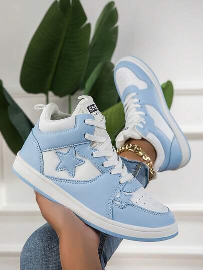 Women's Casual High-Top Solid Color Star Pattern Lace-Up Sneakers For Outdoor & Indoor Leisure Activities
