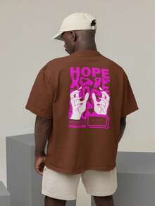 Oversized T-Shirt, High Neck, Streetwear, 100% Cotton, Urban Style, Casual Workout, Black,  And Brown, Printed, Large Fit - 棕色和粉紅色 - 查看 1