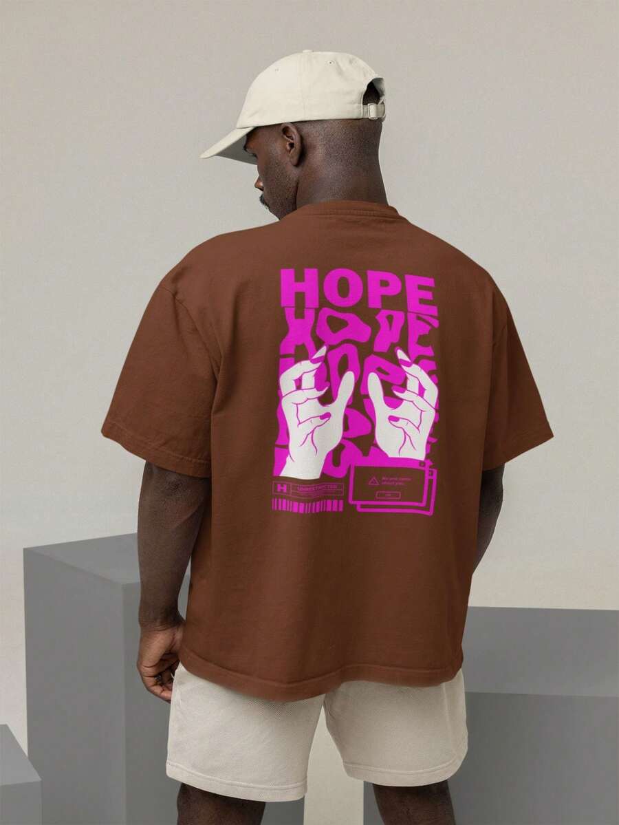 Oversized T-Shirt, High Neck, Streetwear, 100% Cotton, Urban Style, Casual Workout, Black,  And Brown, Printed, Large Fit - 棕色和粉紅色 - 查看 1