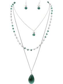Conjunto de joyería Bocar de 3 capas con collar de cuentas y pendiente de cadena larga para mujer - Verde Oscuro - Ver 1
