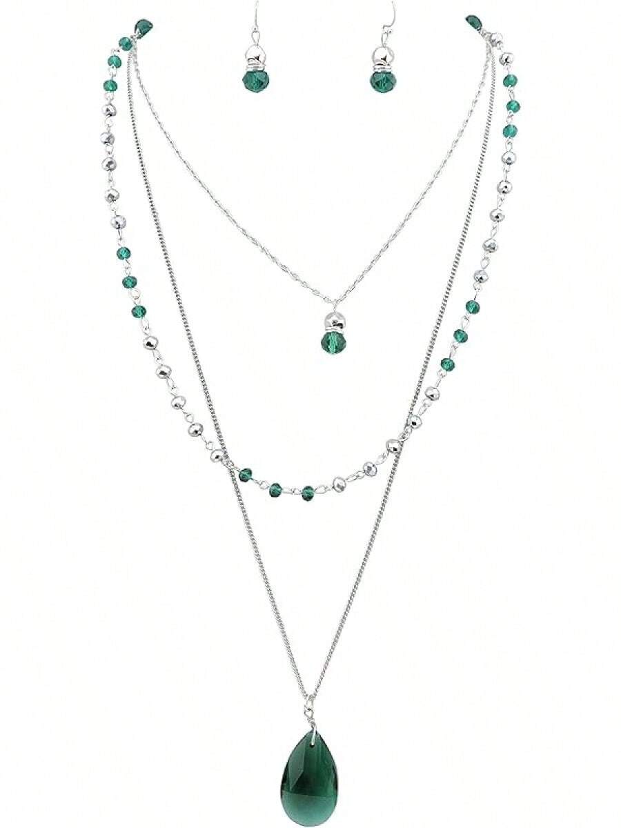 Conjunto de joyería Bocar de 3 capas con collar de cuentas y pendiente de cadena larga para mujer - Verde Oscuro - Ver 1