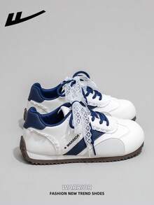 1 Pair WARRIOR Women's Thick Sole Lace-Up Soft Bottom Casual Shoes, Low-Top Outdoor Flat Shoes, Round Toe Low Heel Non-Slip Solid Color Elegant Soft Bottom Hiking Shoes, Suitable For Students, Graduation Photos, Flat Shoes, Women Leather Skate Sneakers - Beige/Gray/Dark Blue - View 4