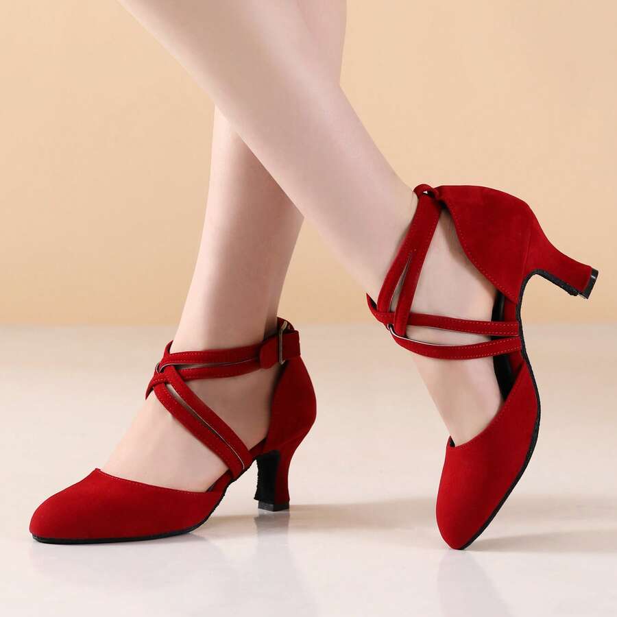 Women's Professional Latin Dance Shoes, Medium Heel Standard Dance Shoes, Double Strap, Burgundy Indoor Professional Dance Shoes, Performance Ballroom Salsa Dance Shoes - Red - View 1