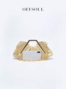 Vintage Asymmetrical Ruffle Cloud Clutch Bag, Unique Metal Hardware Handbag, High-End Retro Party Evening Bag - Gold - View 8