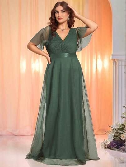 EVERPRETTY Elegante vestido de dama de honor de gasa plisada de cintura alta en verde profundo, vestido de noche formal para invitados de boda de primavera/verano, vestido de madre de la novia, vestido de fiesta de boda