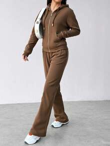 Conjunto de sudadera con capucha y cremallera para mujer -pantalones de pierna ancha, estilo casual y moderno, ideal para múltiples ocasiones. Tela suave y transpirable, diseño con detalles en negro y oro, - Marrón claro 1 - Ver 2