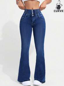 Plus Size Women's Single-Breasted Slim Fit Stretch Denim Flare Pants - Dark Wash - View 4