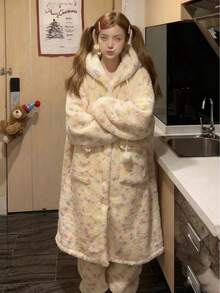 Coral Fleece Hooded Robe Pajama Set For Women, Warm & Cozy For Autumn/Winter - Multicolor - View 9