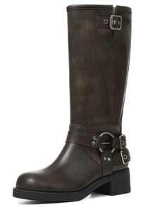Vintage Combat Boots For Women Round Toe Buckle Straps Side Zipper Chunky Mid Heel Mid Calf Jaripeo Boots Countryside Retro Dark Brown Boots - 巧克力棕 - 查看 4