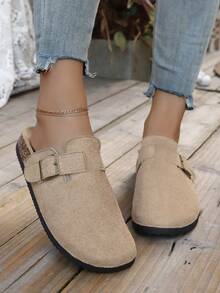Khaki  Suede Clog Mules For Women, Adjustable Buckle Slip-On Flat Shoes For Casual Daily Wear & Outdoor Walking,Summer Sandals For Women - Màu Khaki - Xem 11