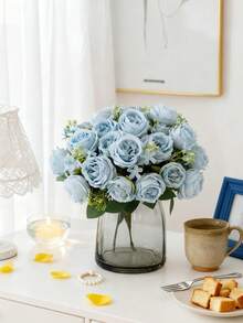 1/80支浪漫丝绸牡丹绣球花束人造花装饰，塑料手捧花，适用于婚礼/家居/卧室/客厅/餐桌装饰/新娘捧花/母亲节 - 淺藍色 - 查看 4