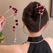 1pc Bridal Headpiece Tassel Flower U-Shaped Hair Clip, Chinese Style Cheongsam Hair Accessory, Bun Extension, Pins For Hair