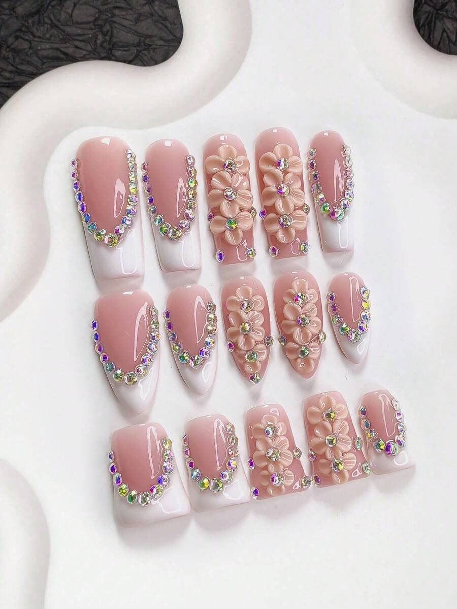 10件套彩色闪粉美甲套装,包含3D手工压花美甲贴纸、手工法式假指甲、粉色花朵美甲配件、裸粉色和金色美甲凝胶,持久凝胶美甲套装,三种尺寸可选:杏仁形、鸭嘴形、棺材形,包含美甲工具(1张果冻贴纸+1把指甲锉),适合派对、婚礼、秋冬季节和日常佩戴。 - 彩色 - 查看 1