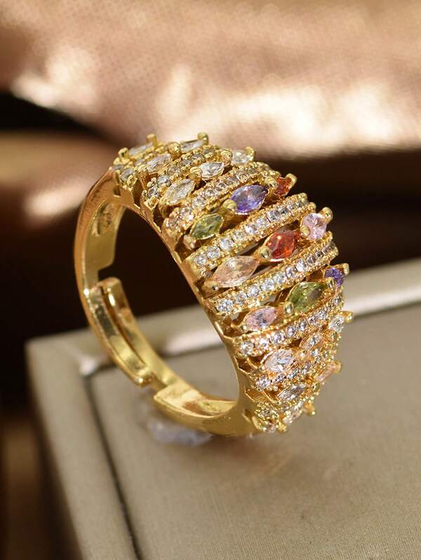 1pc Adjustable Colored Zirconia Geometric Plated Gold Ring, Fashionable Luxury Accessory Suitable For Women's Daily Wear, Wedding, Party, Travel, And As Eid Al-Fitr/Eid Al-Adha Gift