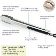 Stainless Steel BBQ Tongs Set - Heavy Duty Locking Tongs With Ergonomic Handle + 2 Silicone Basting Brushes, Multi-Functional For Grilling & Cooking - Black - View 3