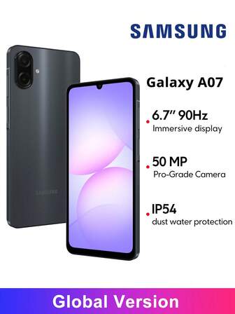 三星 Galaxy A07 4G 智能手机全球版，沉浸式 6.7 英寸显示屏，90Hz 刷新率，5000 万像素后置摄像头，最高 10 倍数码变焦，纤薄时尚设计，IP54 防尘防水 *不含充电器，圣诞礼物之选，适合送给孩子和父母