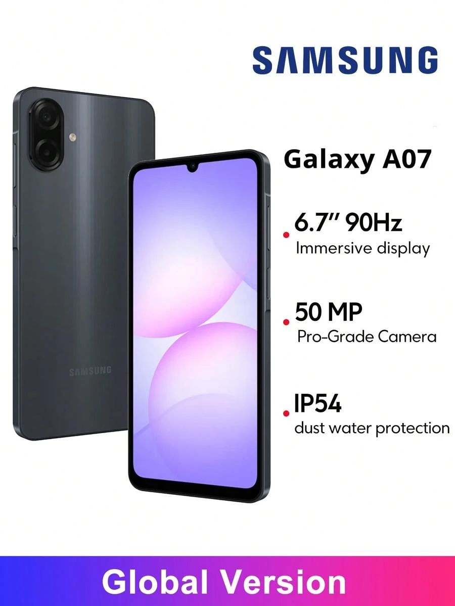 三星 Galaxy A07 4G 智能手机全球版，沉浸式 6.7 英寸显示屏，90Hz 刷新率，5000 万像素后置摄像头，最高 10 倍数码变焦，纤薄时尚设计，IP54 防尘防水 *不含充电器，圣诞礼物之选，适合送给孩子和父母