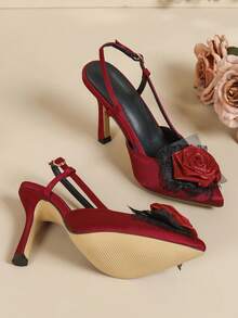 Women's New Burgundy Pointed Toe High Heels, 3D Rose Decor Backless Stiletto Shoes, Retro Style Party & Club Wear Buckle Pumps - Bordeaux - View 6