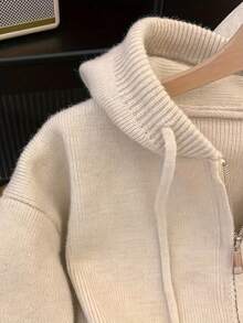 女士宽松短款纯色针织开衫，秋冬季 - 杏色 - 查看 3