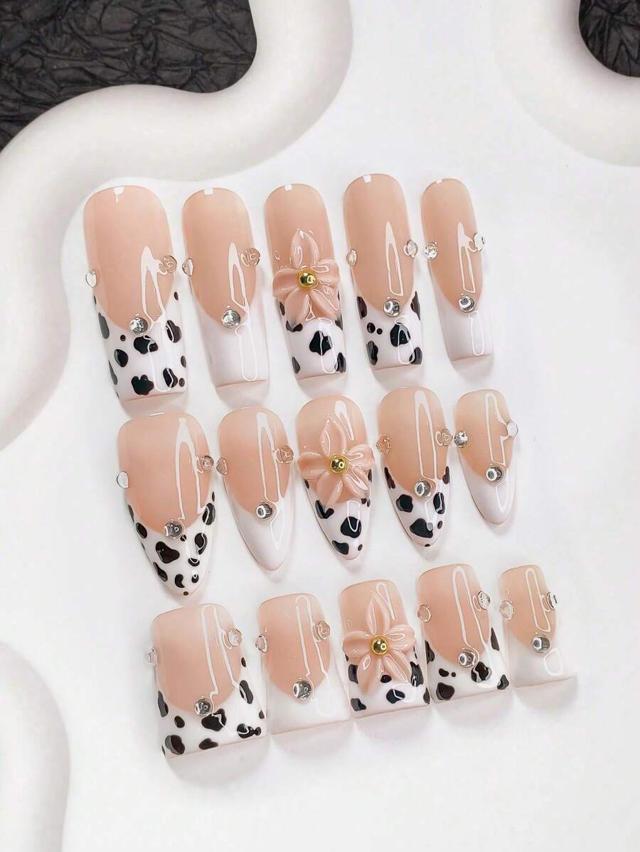 10pcs Y2K Black & White French Manicure Nail Stickers, Pink Floral Long Fake Nails, Cow Print False Nails, 3 Sizes Available: Almond, Duck Mouth, Coffin Shape, Includes Nail Tools (1 Jelly Sticker + 1 Nail File), Reusable Handmade Nail Stickers, Suitable For Daily Wear, Best Gift For Women And Girls - 彩色 - 查看 1