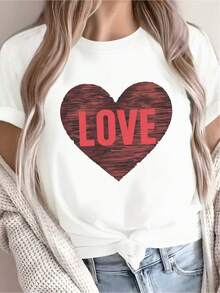Women's Blue Pure T-Shirt With Red White Striped Heart & LOVE Print - Casual Short Sleeve Round Neck Top For Valentine's Day, Casual Attire, All-Season (Machine Washable) - Soft Breathable Love L - White - View 2